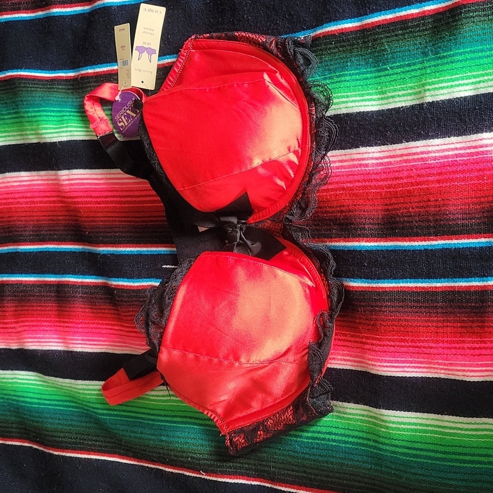 Cacique Seriously Sexy Collection Red Satin and Black Lace Bra 44DD